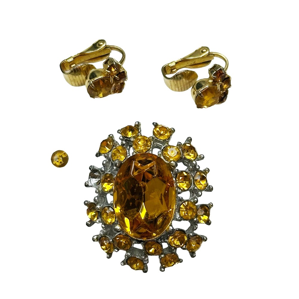 VINTAGE 1950's Era Brooch & Clip-on Earring Set • amber, topaz, silver tone